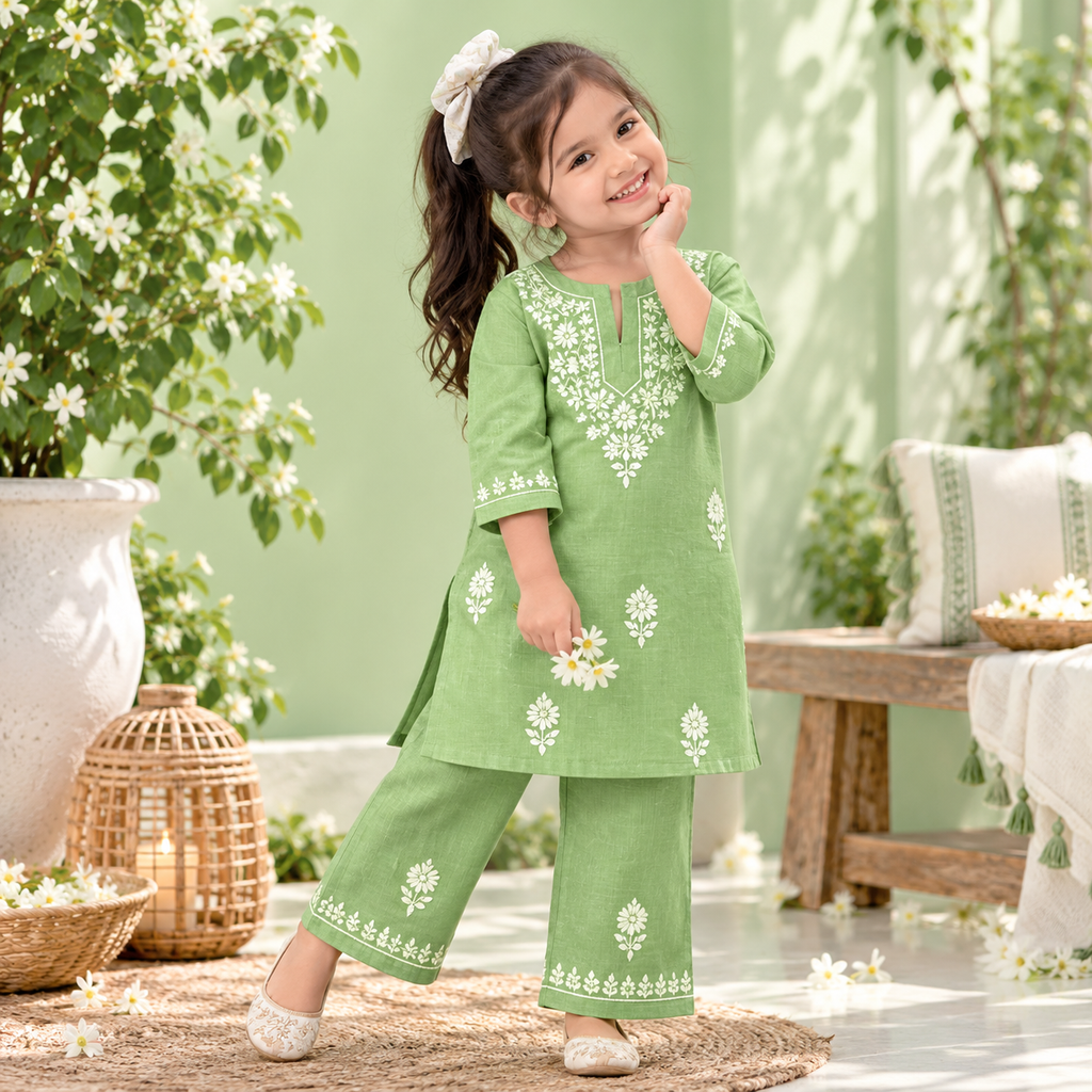Rayon Chikankari Solid Girls Kurta Set