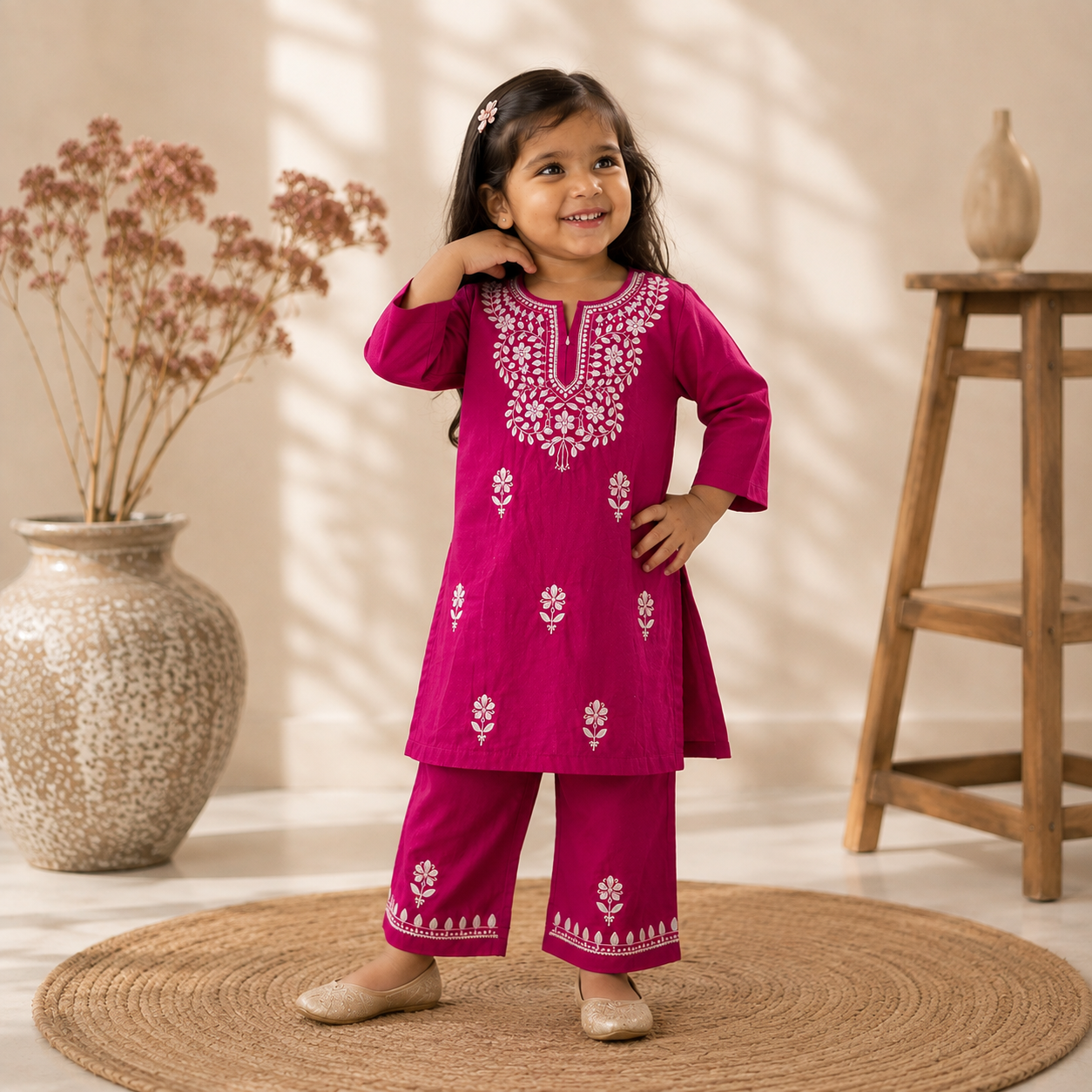 Rayon Chikankari Solid Girls Kurta Set - Pink