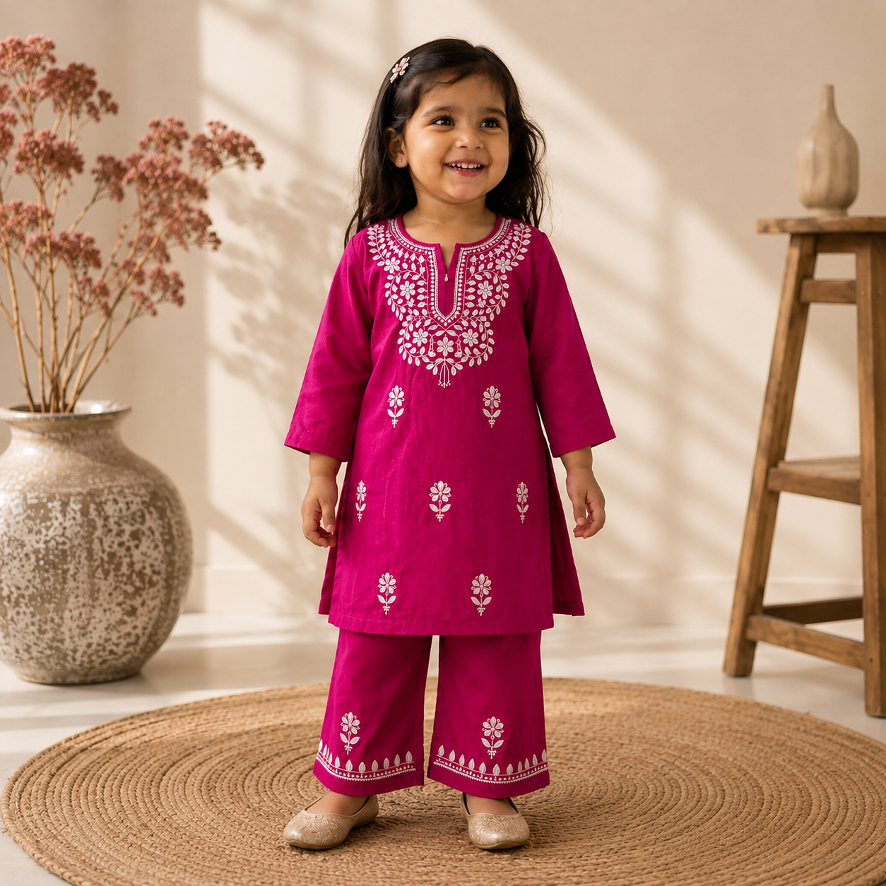 Rayon Chikankari Solid Girls Kurta Set - Pink