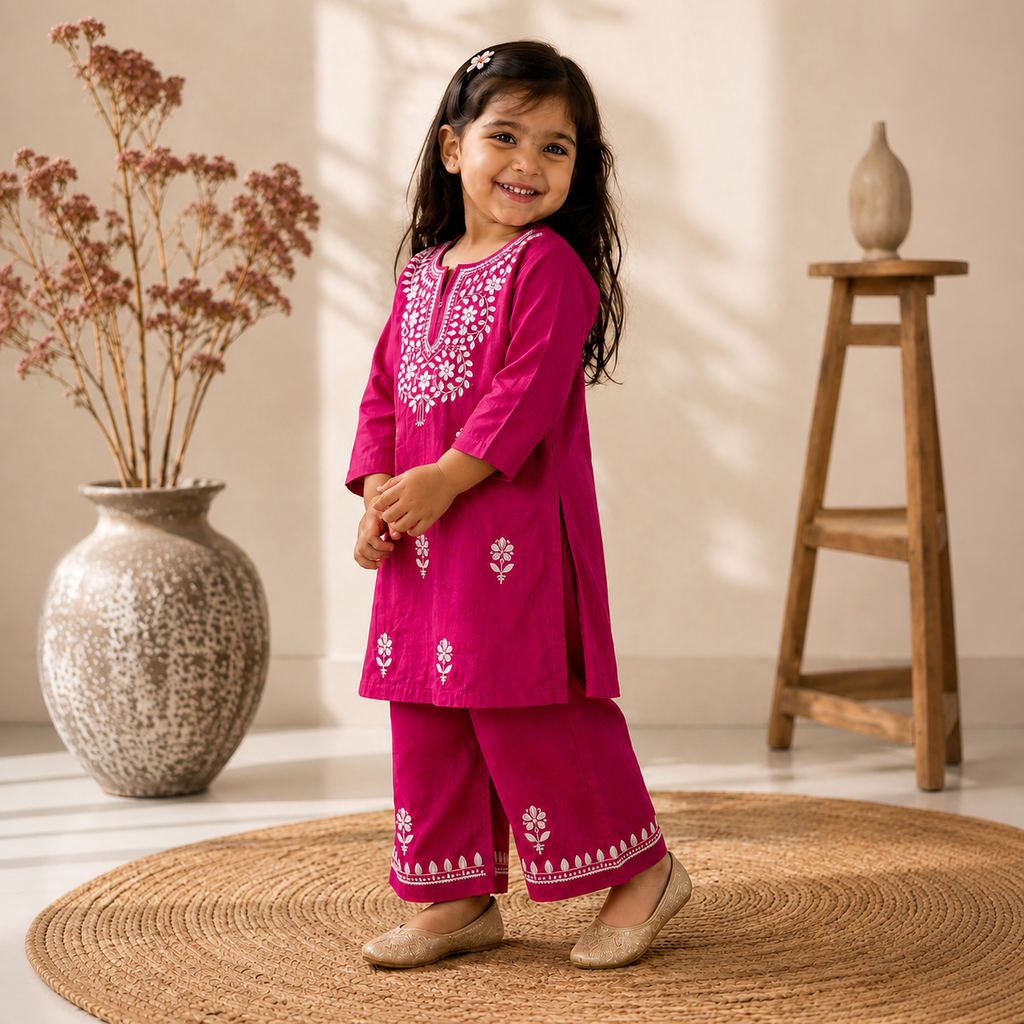 Rayon Chikankari Solid Girls Kurta Set - Pink