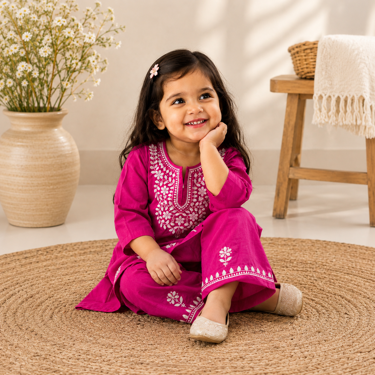 Rayon Chikankari Solid Girls Kurta Set - Pink