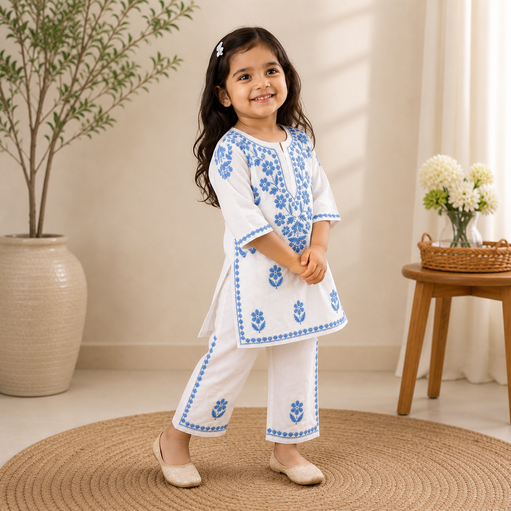 Mulmul Cotton Chikankari Solid Girls Kurta Set - Blue