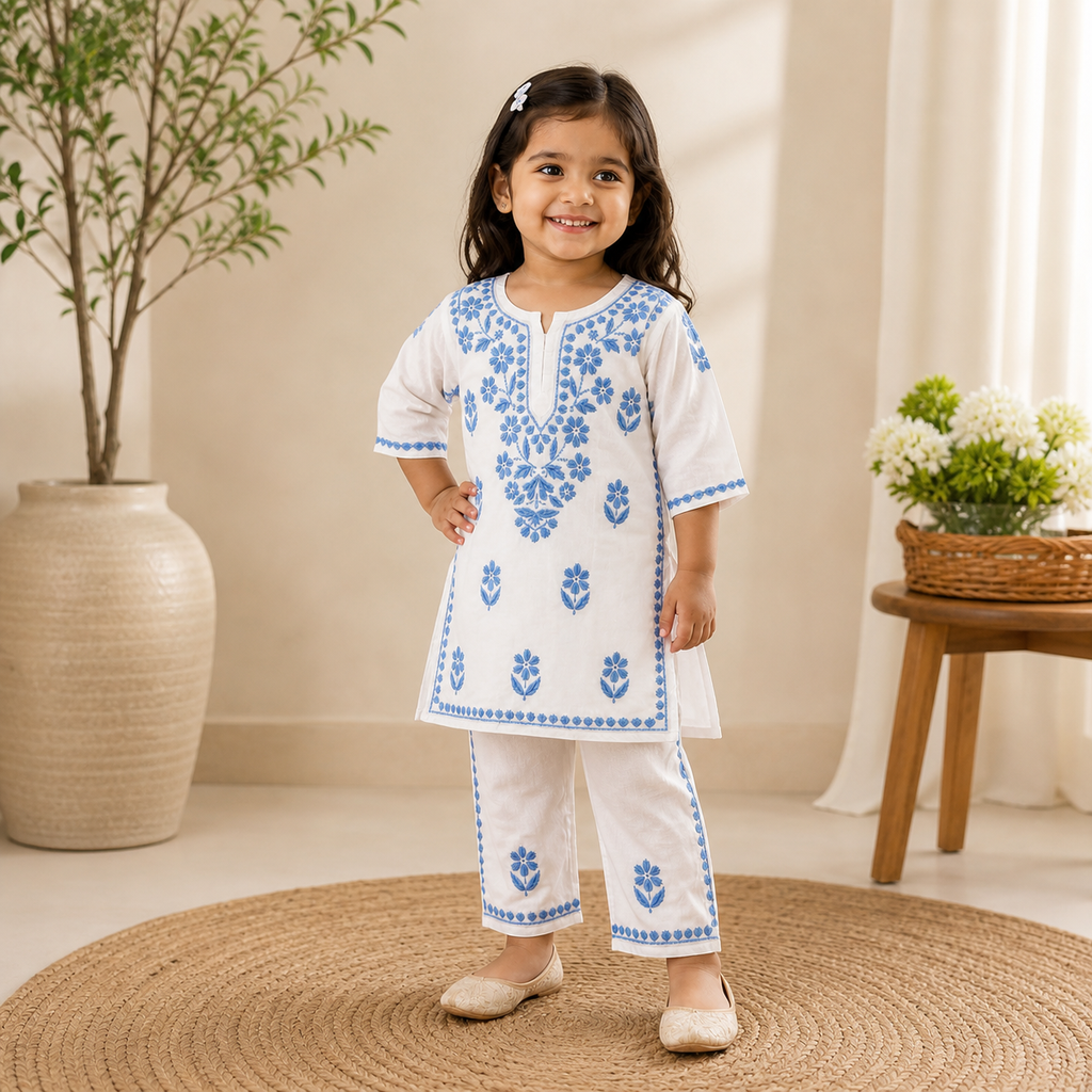 Mulmul Cotton Chikankari Solid Girls Kurta Set - Blue