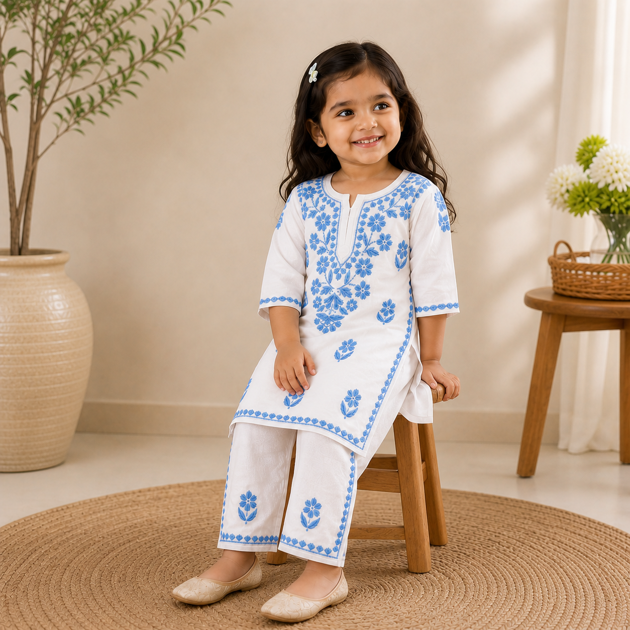 Mulmul Cotton Chikankari Solid Girls Kurta Set - Blue