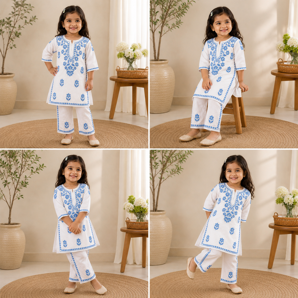 Mulmul Cotton Chikankari Solid Girls Kurta Set - Blue