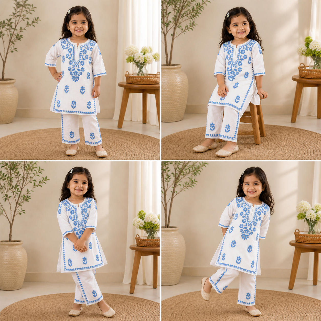Mulmul Cotton Chikankari Solid Girls Kurta Set - Blue