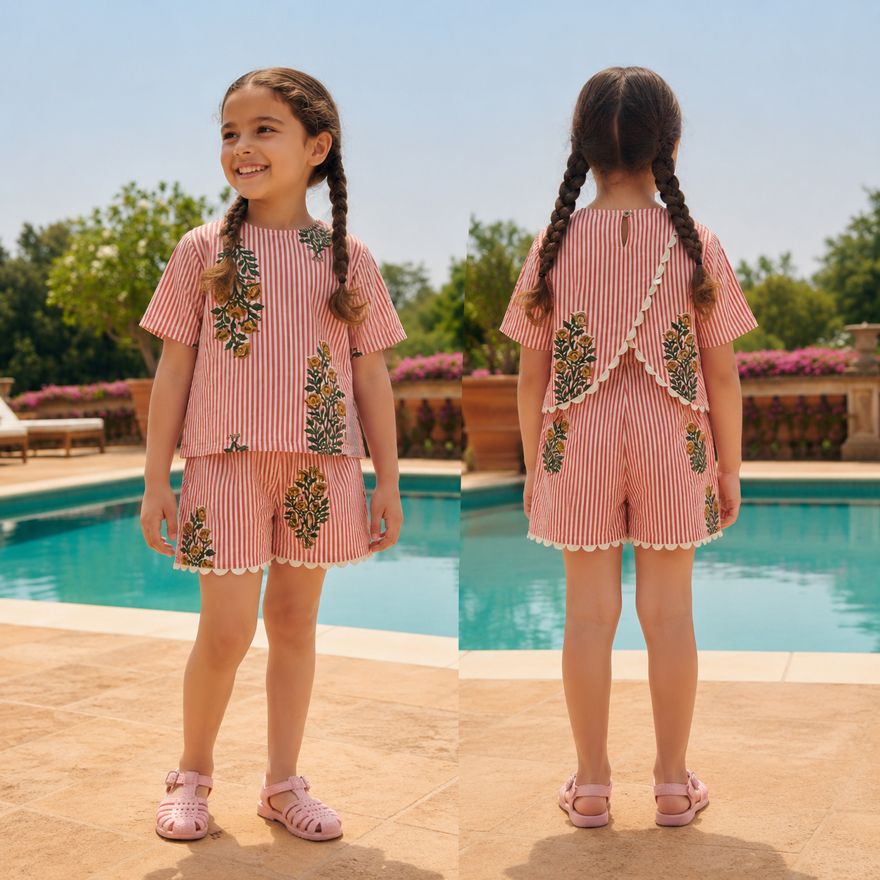 Casual Red & White Striped Cotton Co-ord Set with Floral Motifs