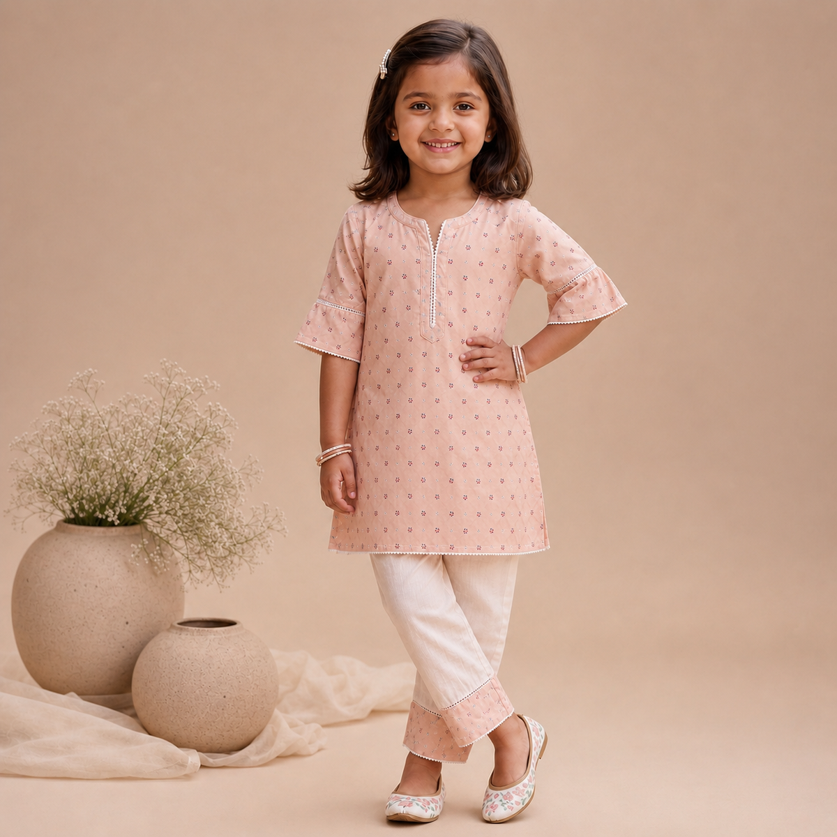 Blush Pink Printed Cotton Kurta & Pants Set