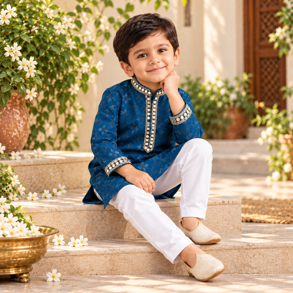 Little Blue Mirror Lace Kurta Set