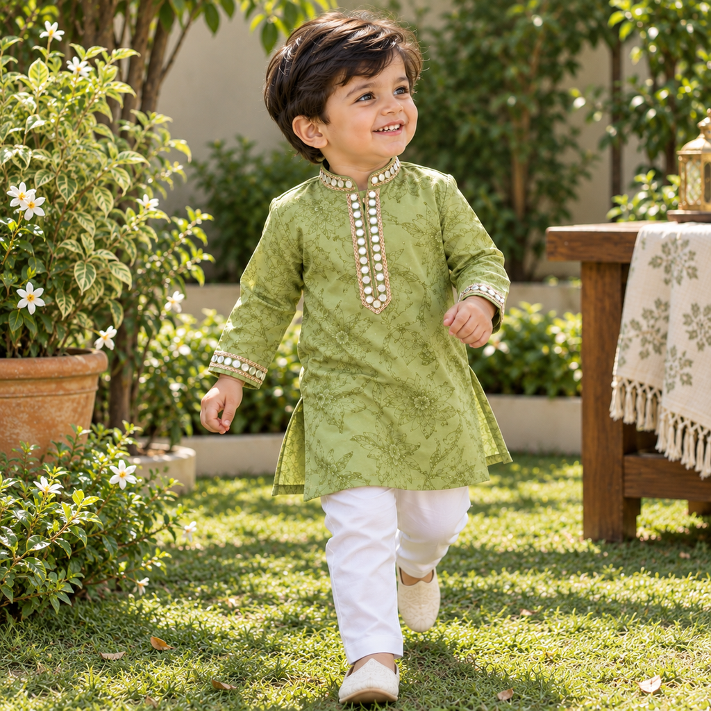 Little Green Floral Mirrorwork Kurta Set