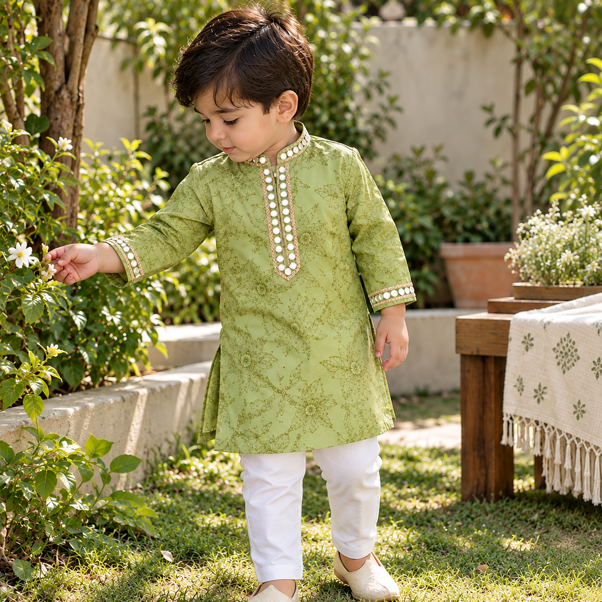 Little Green Floral Mirrorwork Kurta Set