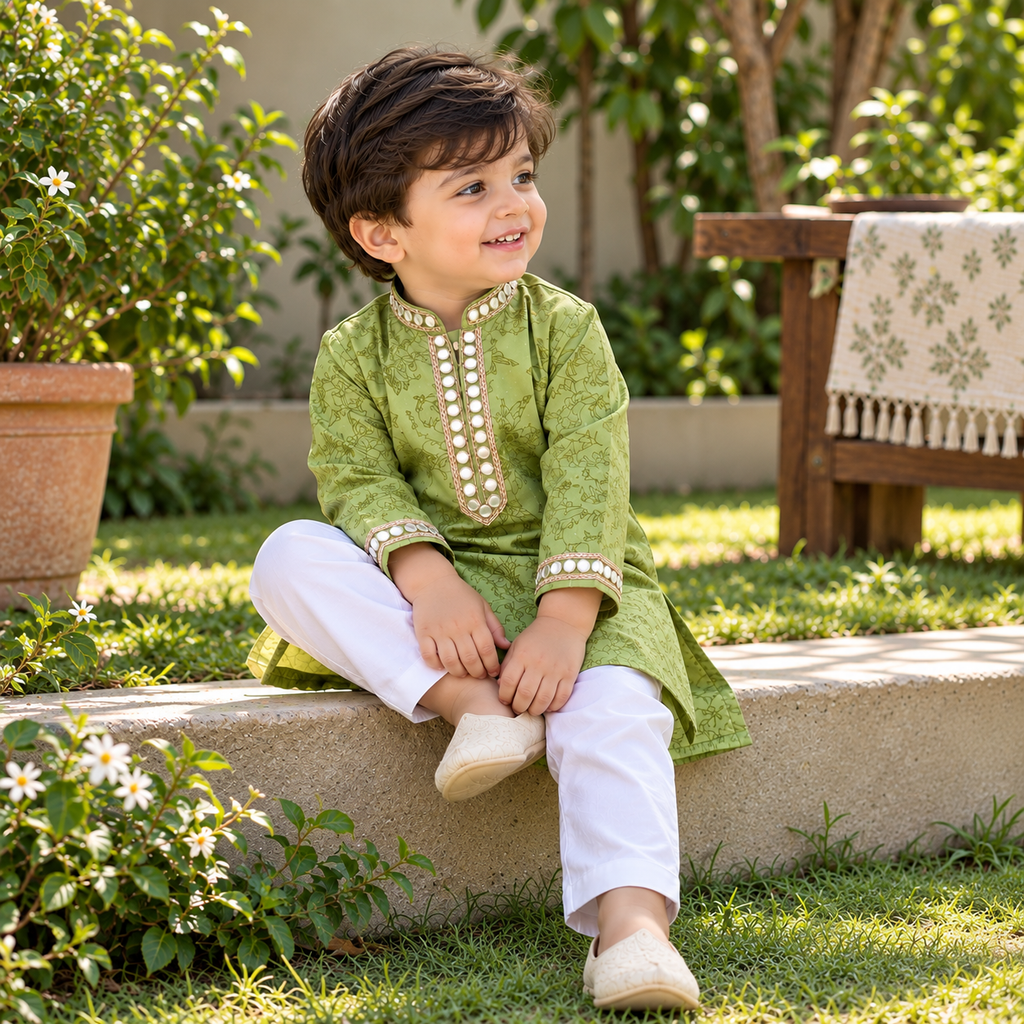 Green Printed Festive Sibling Ethnic Wear Set