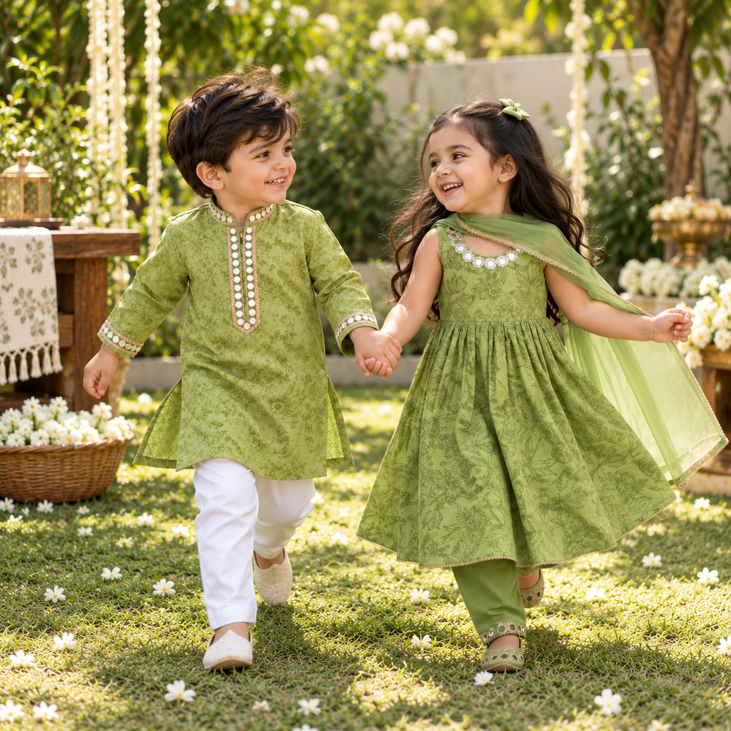 Green Printed Festive Sibling Ethnic Wear Set