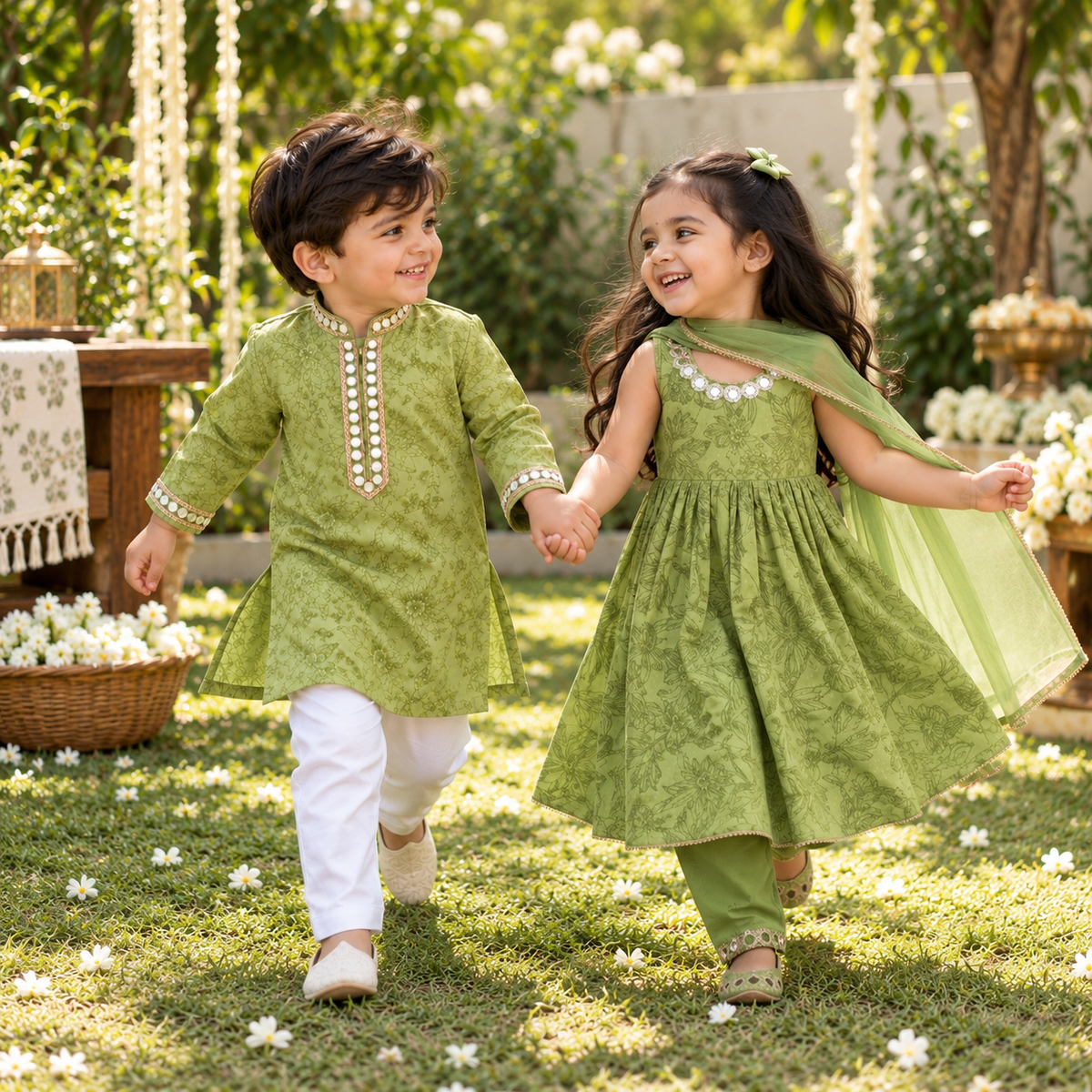 Green Printed Festive Sibling Ethnic Wear Set