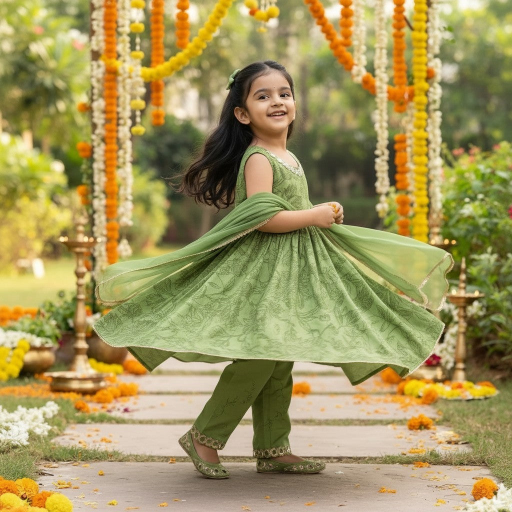 Green Printed Anarkali Kurta Set with Dupatta