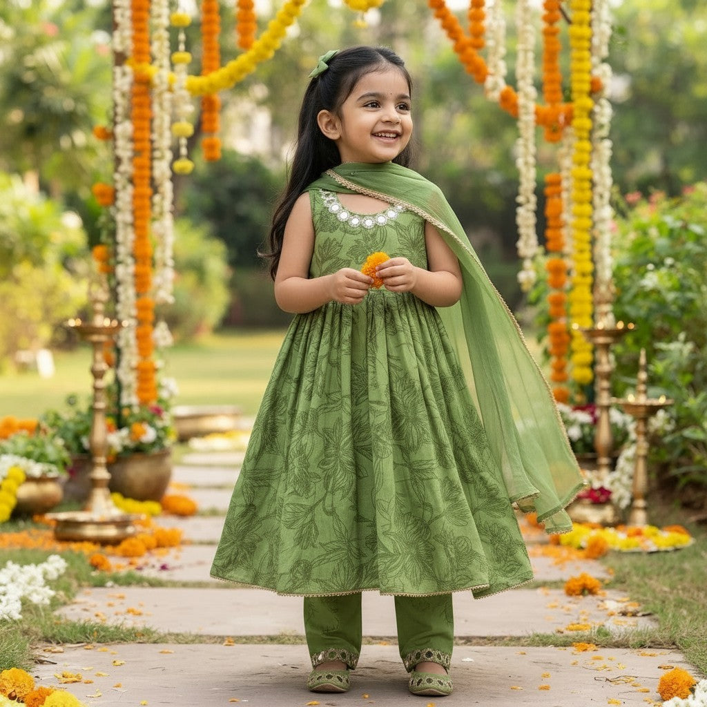 Green Printed Anarkali Kurta Set with Dupatta