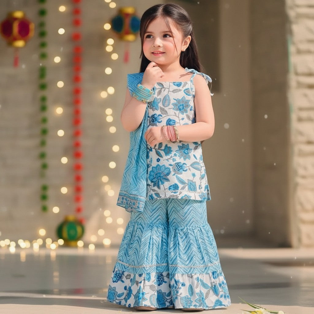 Cotton Blue Floral Print Kurti with Sharara and Dupatta Set