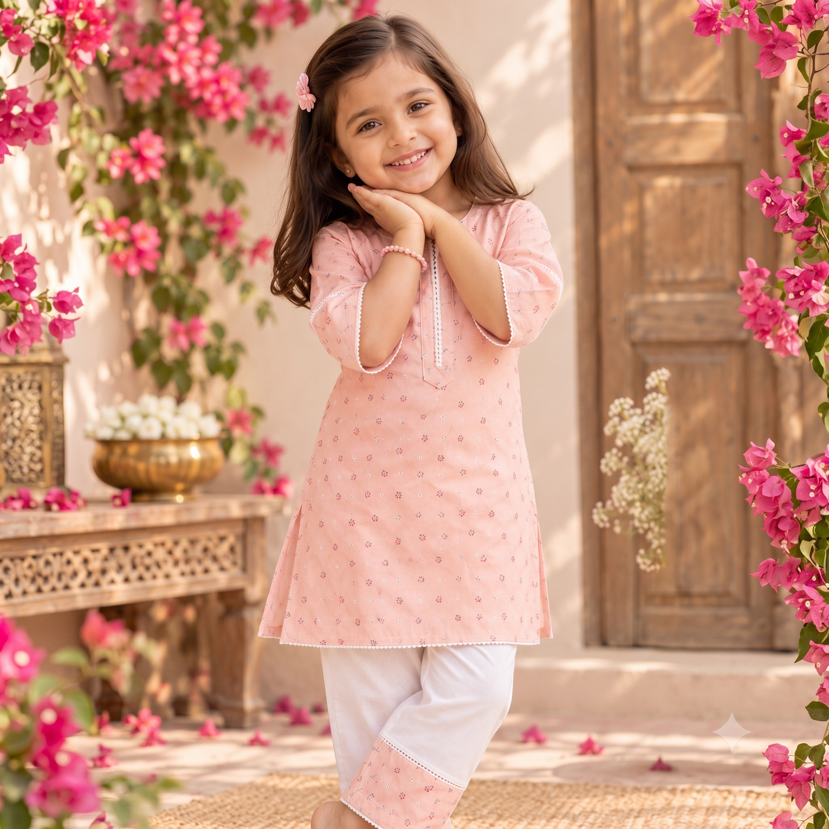 Blush Pink Printed Cotton Kurta & Pants Set