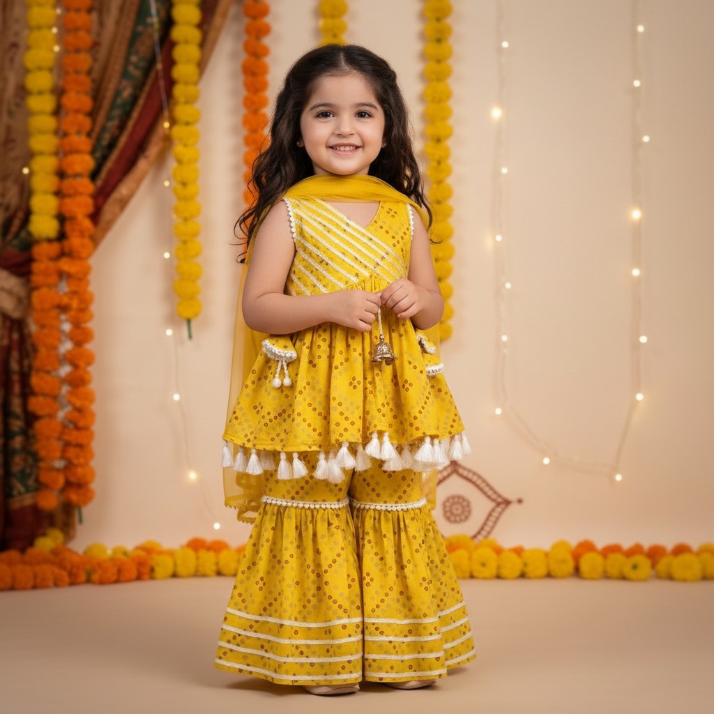 Cotton Yellow Bandhani Print Peplum Top with Sharara and Dupatta Set