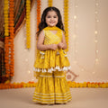 Cotton Yellow Bandhani Print Peplum Top with Sharara and Dupatta Set