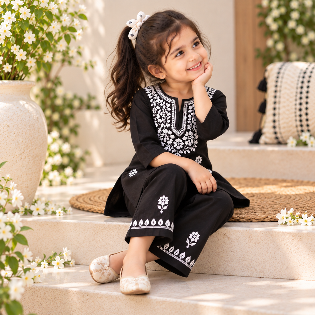 Rayon Chikankari Solid Girls Kurta Set