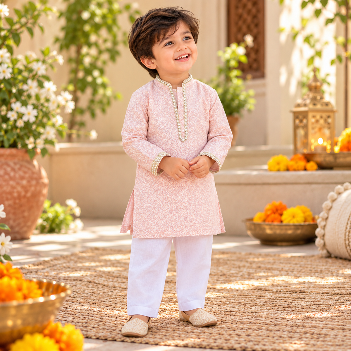 Blush Pink Embroidered Kurta Set for Boys
