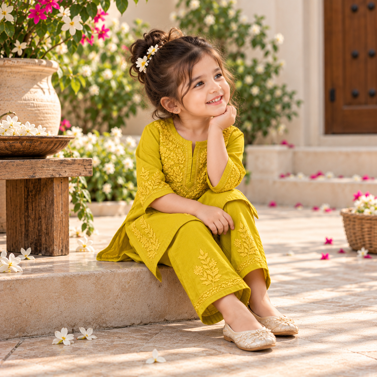 Rayon Monochrome Chikankari Girls Kurta Set