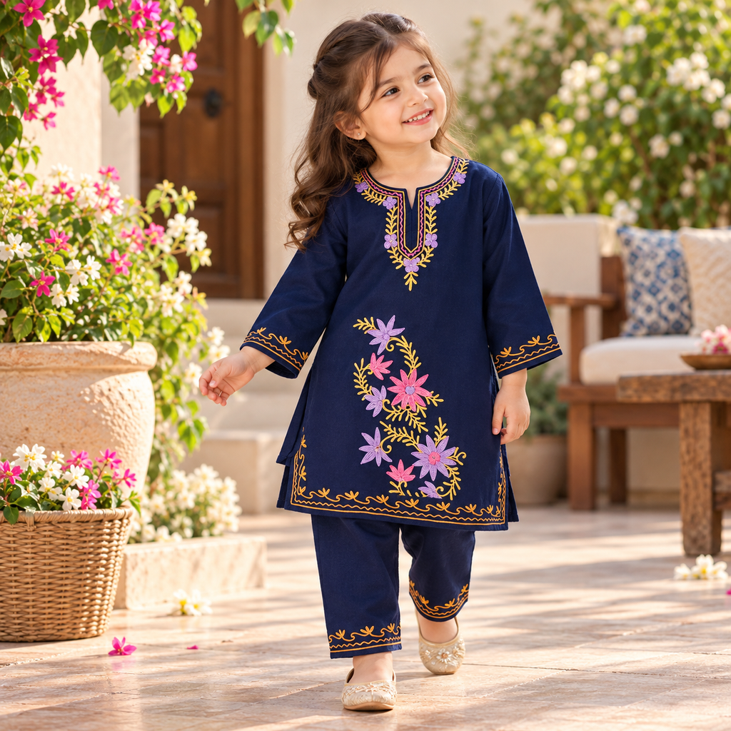 Woolen Embroidered Girls Pheran Kurta Set