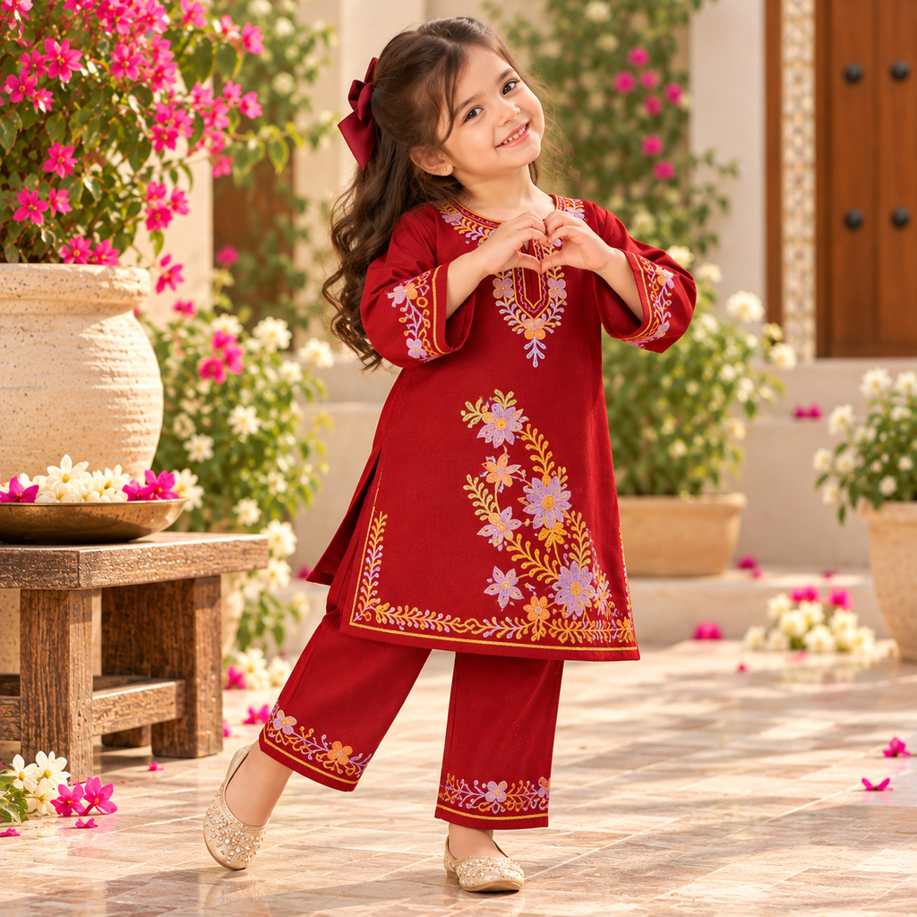 Woolen Embroidered Girls Pheran Kurta Set