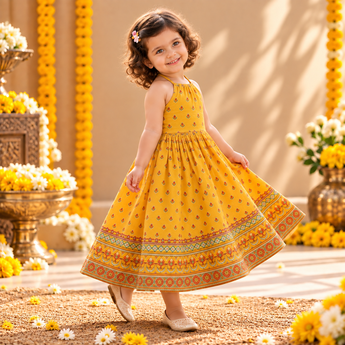 Mustard Yellow Printed Festive Dress for Girls