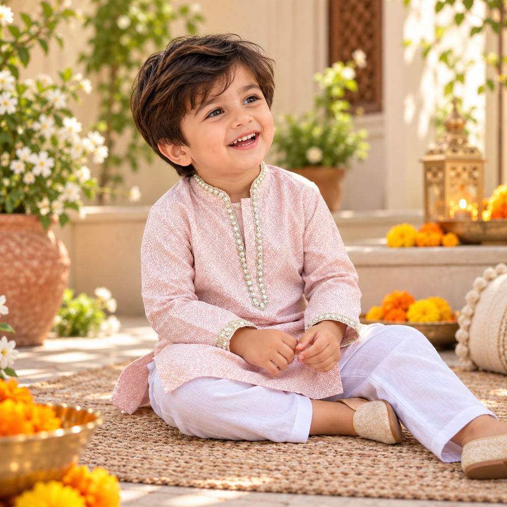 Blush Pink Embroidered Kurta Set for Boys
