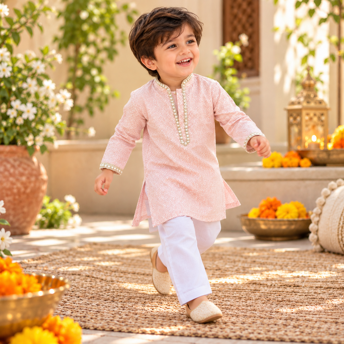 Blush Pink Embroidered Kurta Set for Boys
