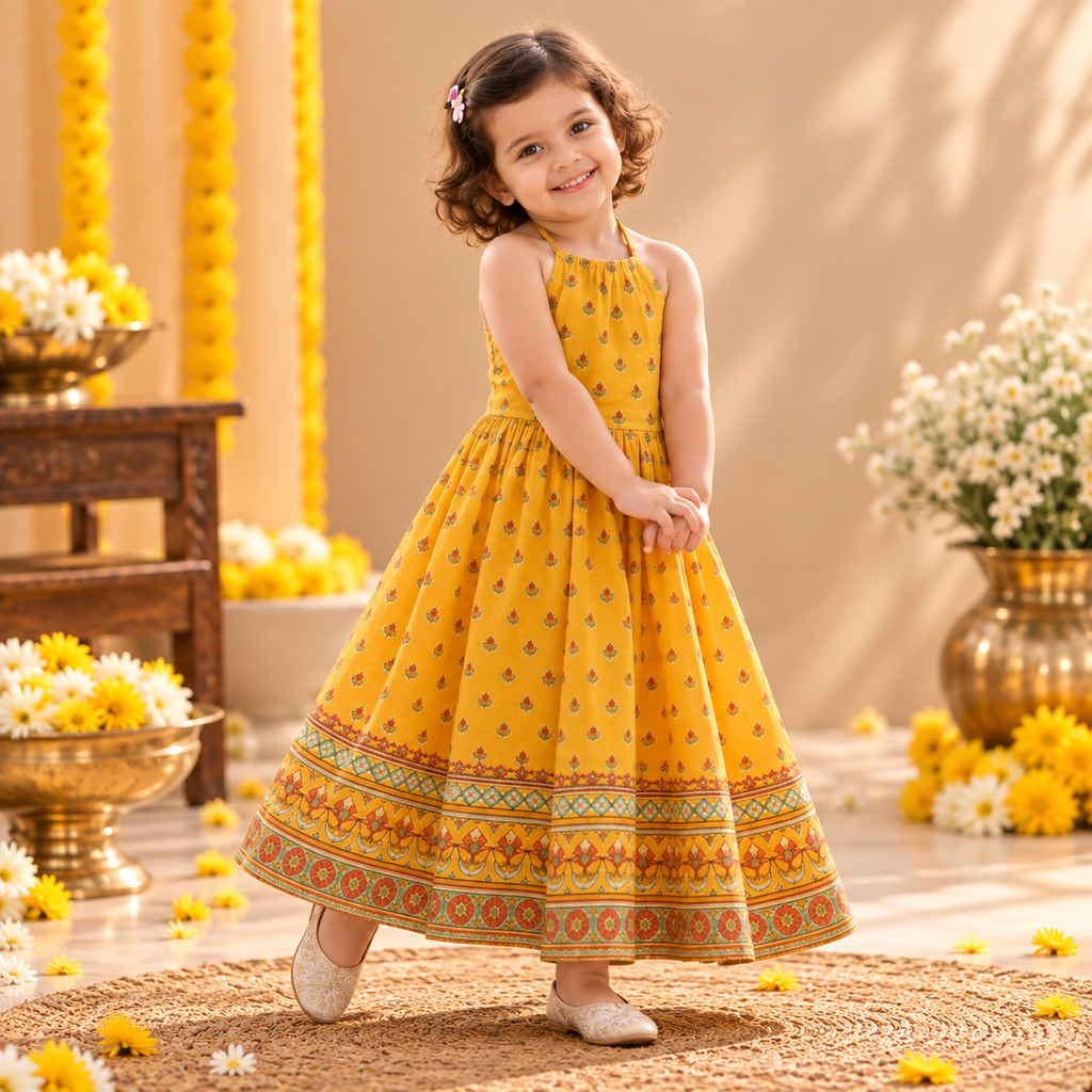 Mustard Yellow Printed Festive Dress for Girls