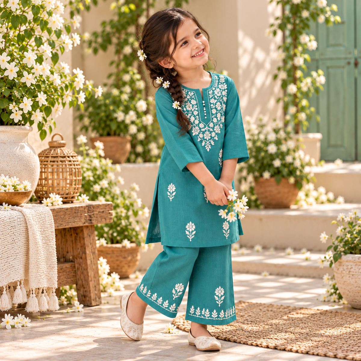 Rayon Chikankari Solid Girls Kurta Set