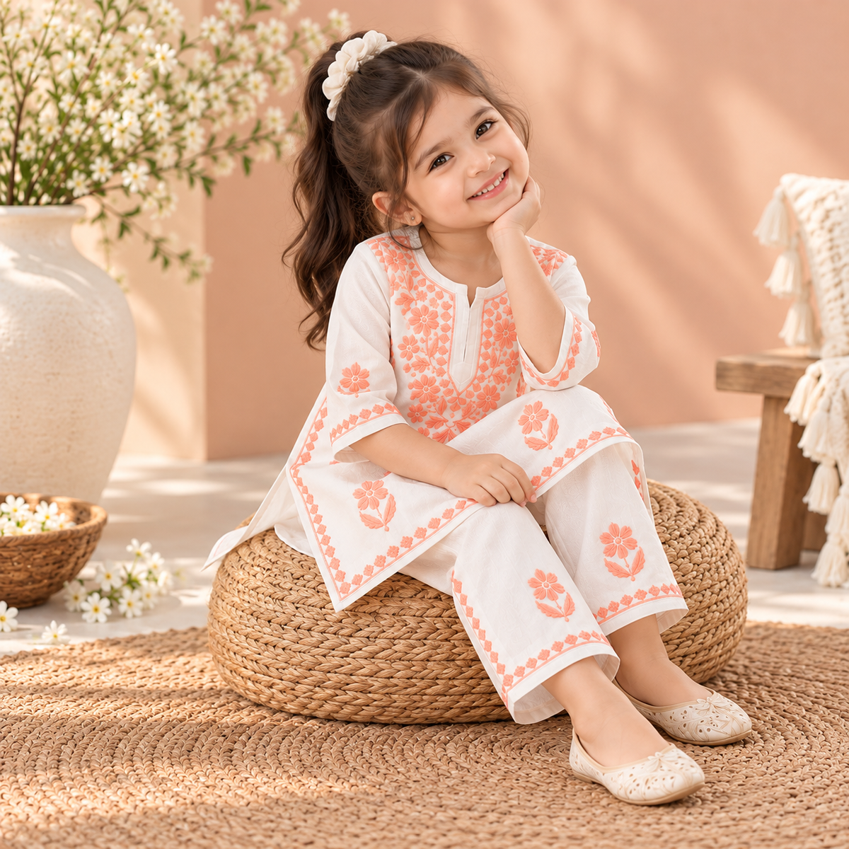 Mulmul Cotton Chikankari Solid Girls Kurta Set - Blue