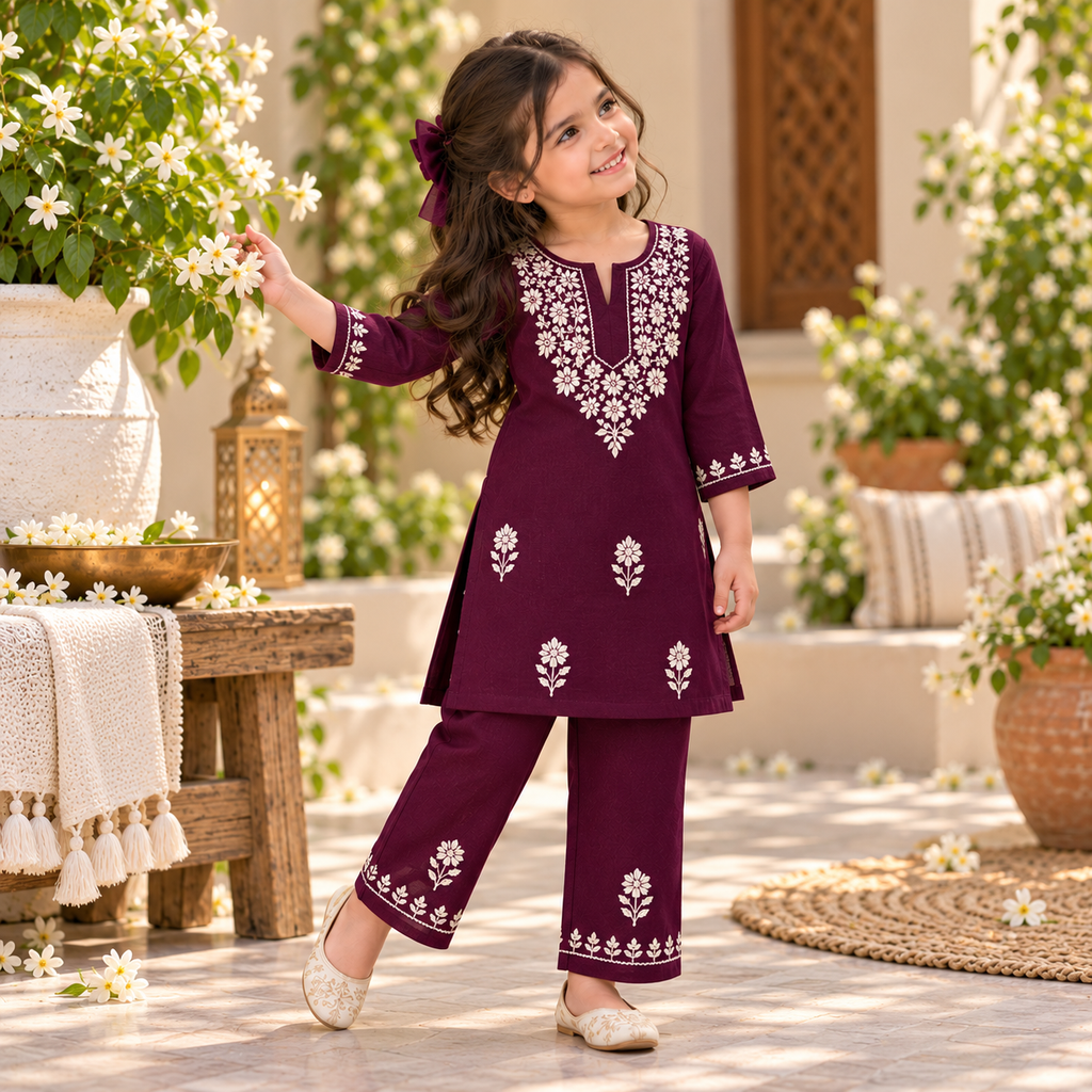 Rayon Chikankari Solid Girls Kurta Set