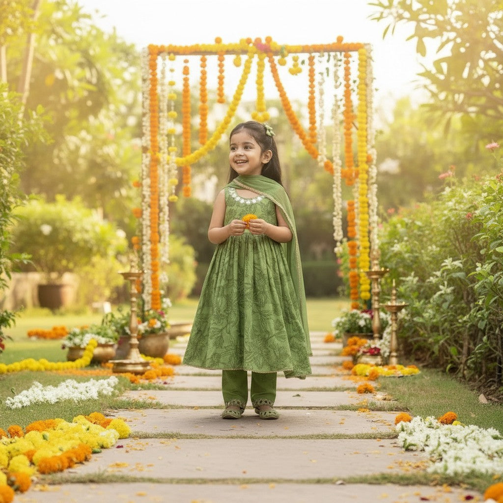 Green Printed Anarkali Kurta Set with Dupatta