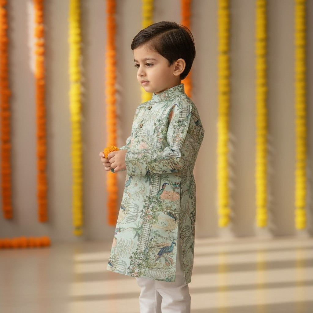Pastel Green Heritage Print with White Pants