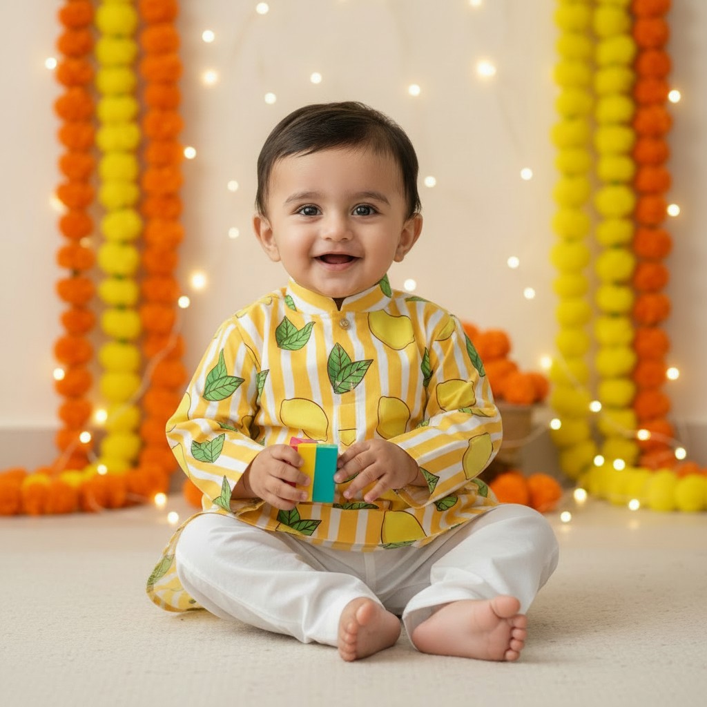 Yellow Lemon Cotton Kurta Set for Boys