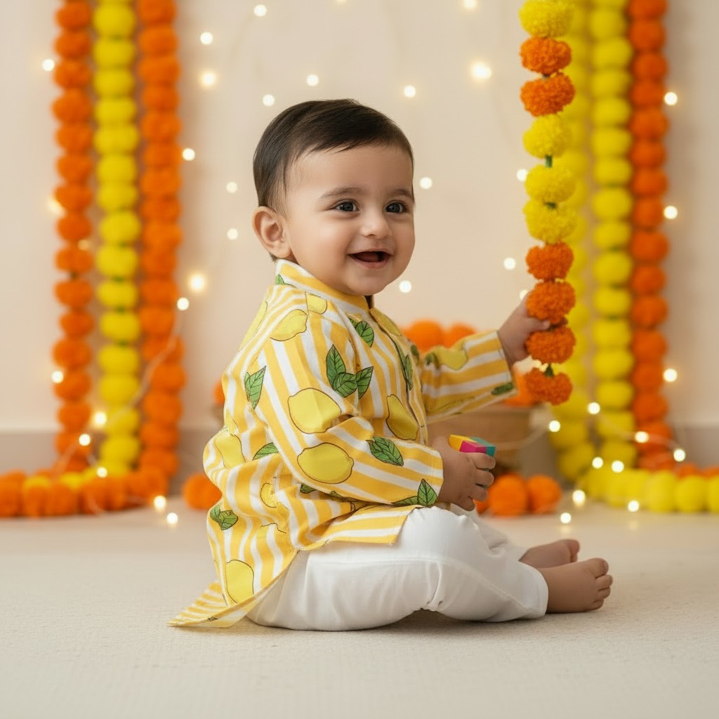 Yellow Lemon Cotton Kurta Set for Boys