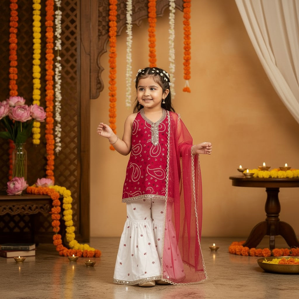 Maroon Jaipuri Mirror Lace Sharara Set