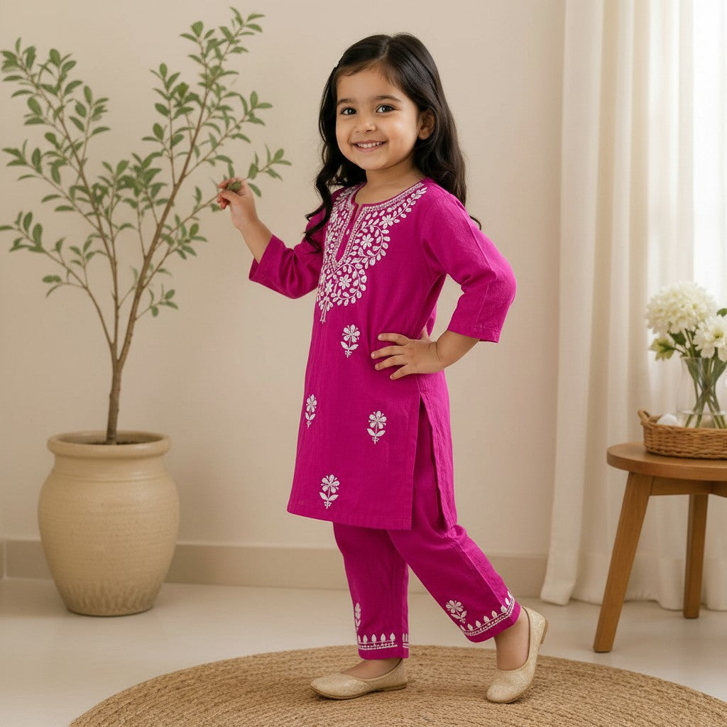 Rayon Chikankari Solid Girls Kurta Set - Pink