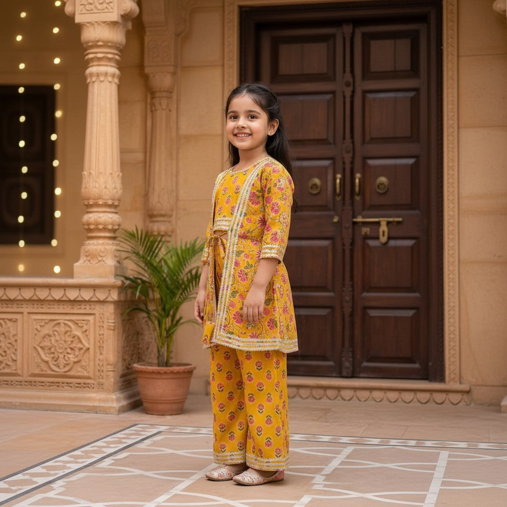 Cotton Yellow Floral Print Crop Top with Jacket and Sharara Set