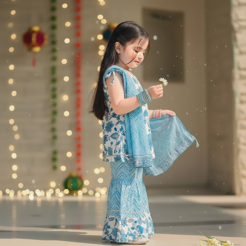 Cotton Blue Floral Print Kurti with Sharara and Dupatta Set