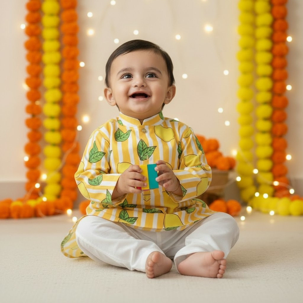 Yellow Lemon Cotton Kurta Set for Boys
