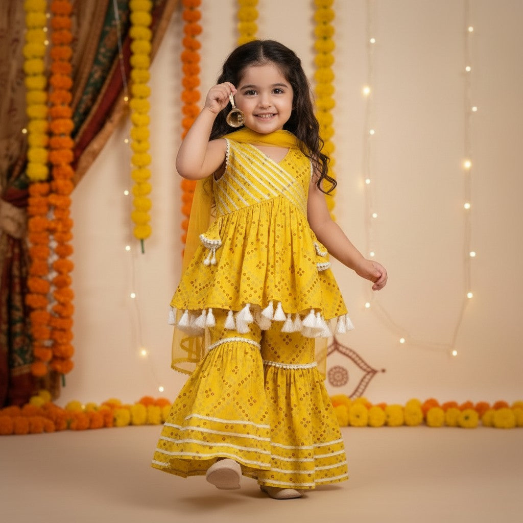 Cotton Yellow Bandhani Print Peplum Top with Sharara and Dupatta Set
