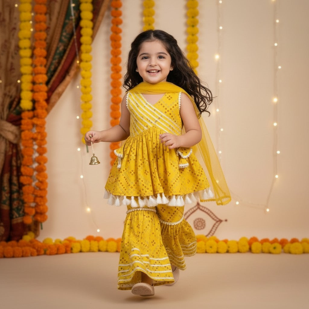 Cotton Yellow Bandhani Print Peplum Top with Sharara and Dupatta Set