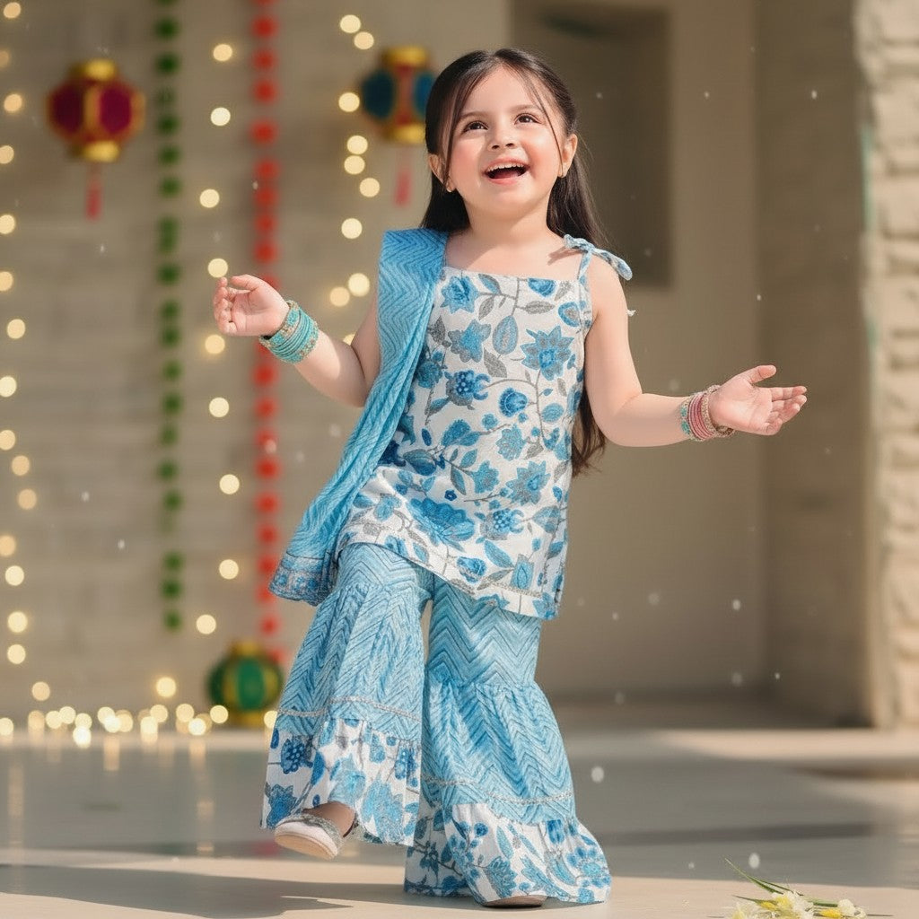 Cotton Blue Floral Print Kurti with Sharara and Dupatta Set