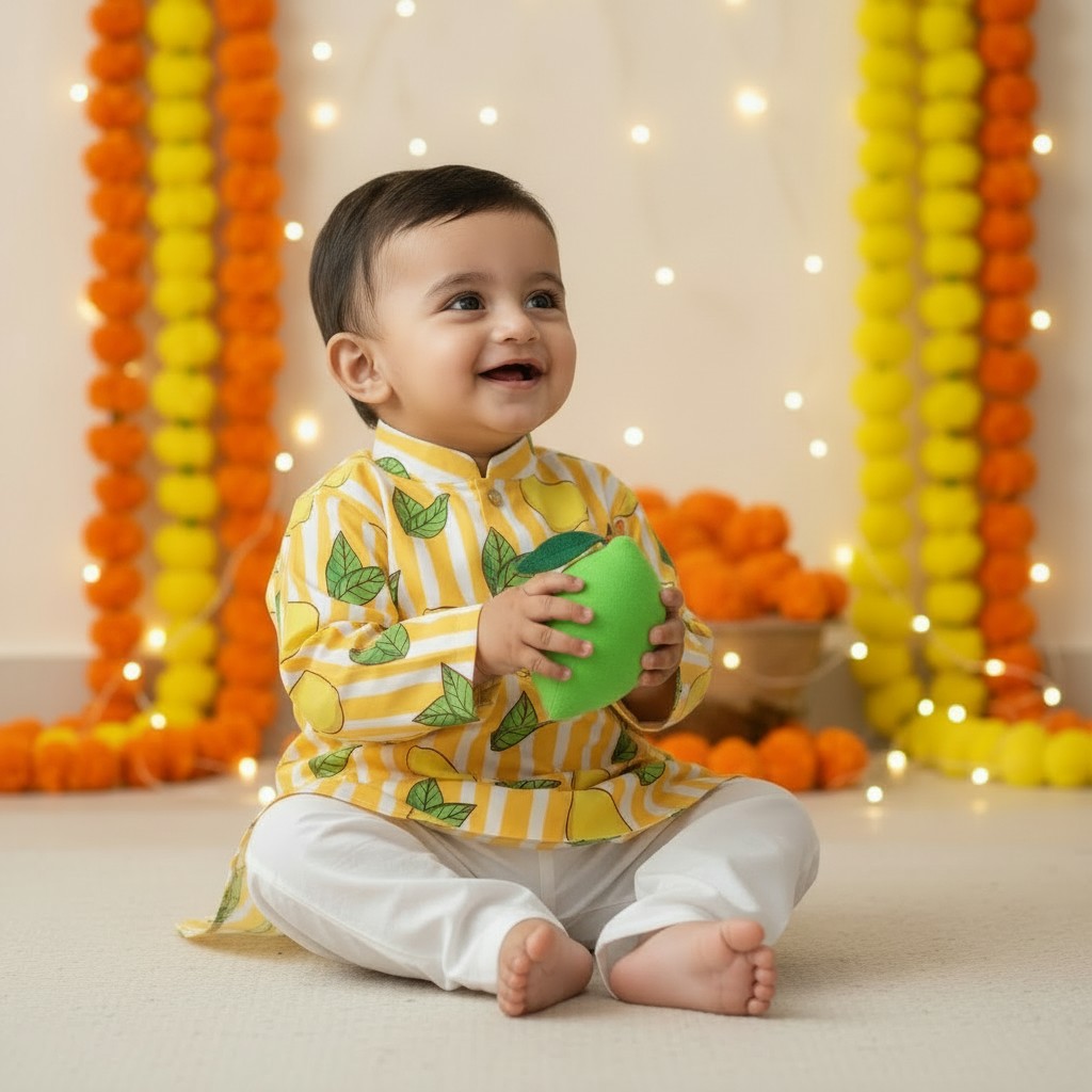 Yellow Lemon Cotton Kurta Set for Boys