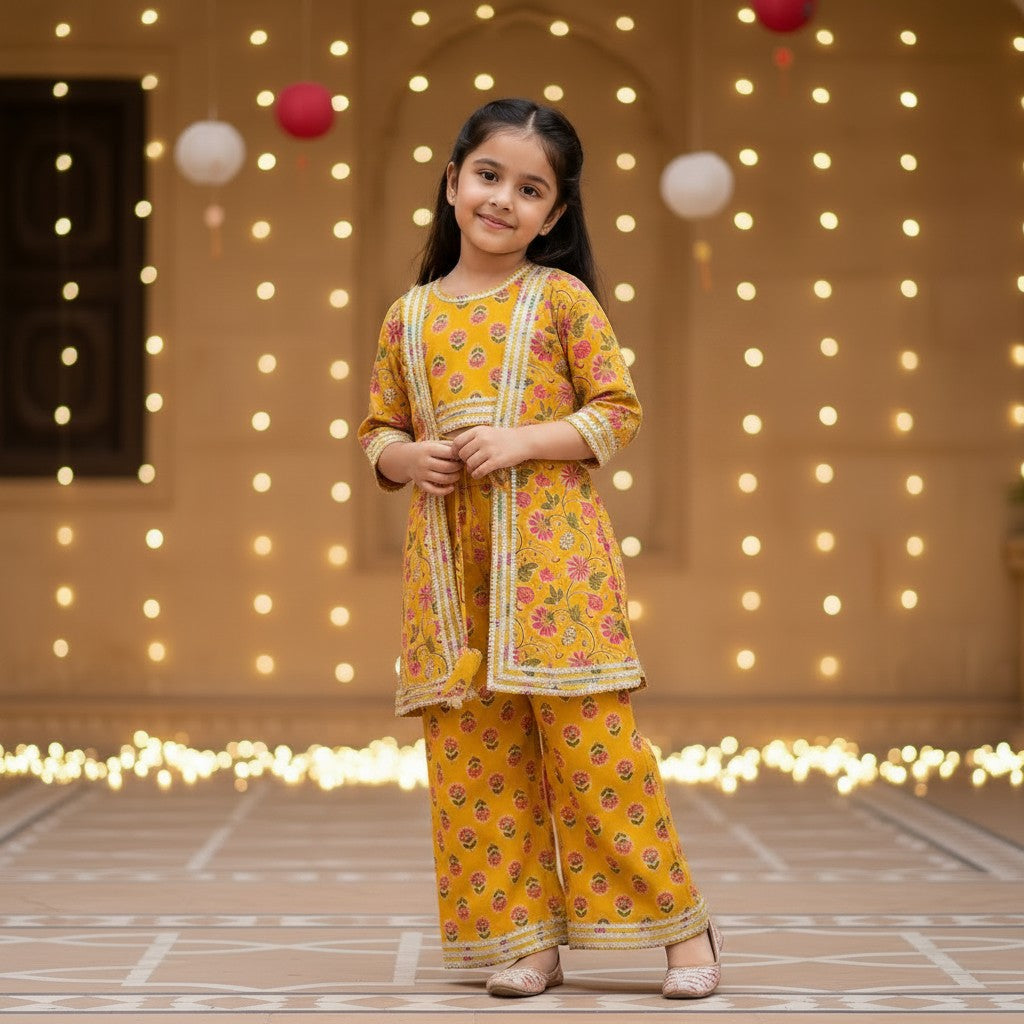 Cotton Yellow Floral Print Crop Top with Jacket and Sharara Set